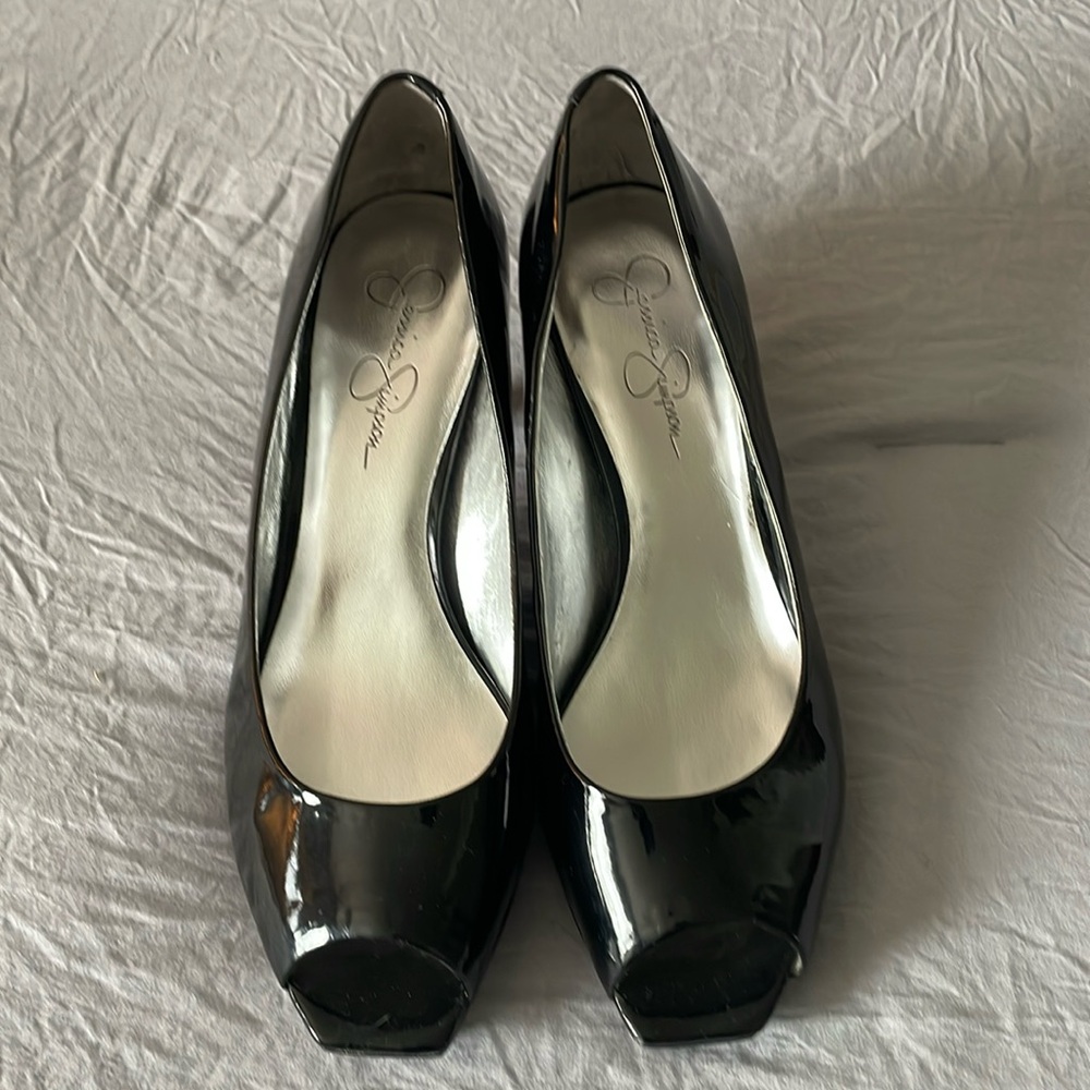 Jessica Simpson open toe heels in black pattern. 3 inch heel.